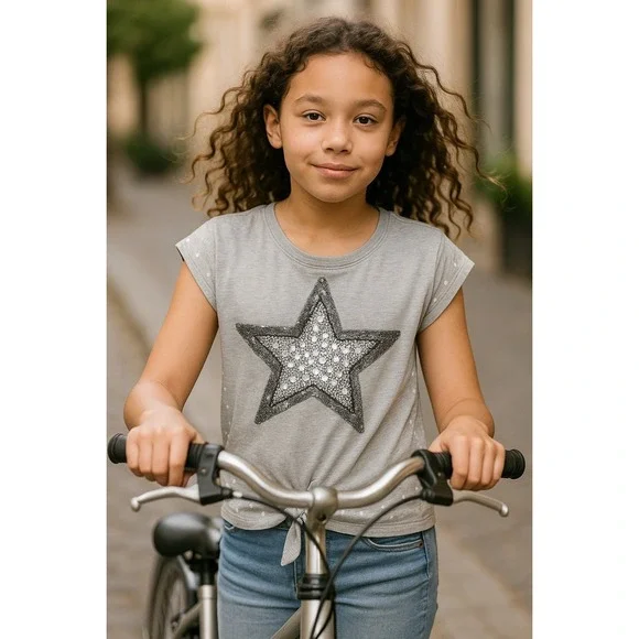 Girls Gray Canyon River Blues Sequins Star Tie Front T Shirt Top Kids XL 18 - Picture 9 of 9